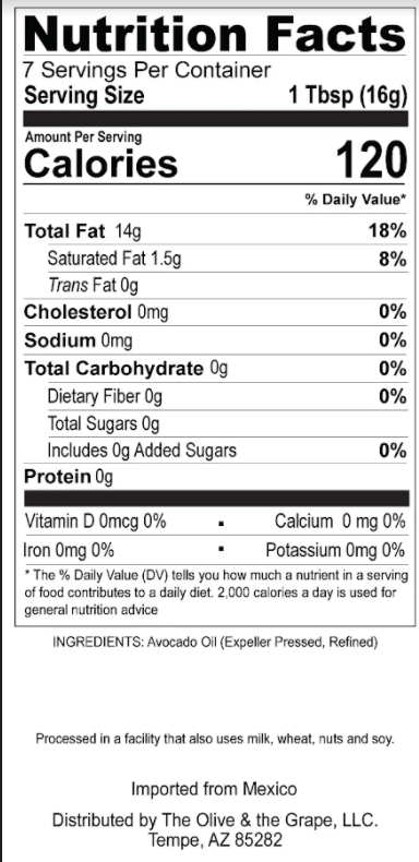 Avocado oil nutrition label